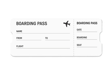Blank airline boarding pass ticket template. Vector illustration for air travel, flight, or vacation journey concept. Isolated plane coupon mockup on transparent background.