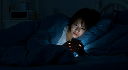 Woman using smartphone in bed at night dark room screen light sleep insomnia bedtime technology digital mobile phone