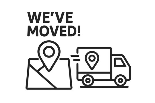 We've Moved! New Location Announcement Vector Design. Business Address Change Notification. Moving Truck with Map Pin Icon. Relocation Graphic for Website, Email, Postcard, Flyer, Social Media Post