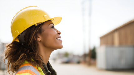 Side profile of a black foreman builder woman at construction site. African female apprentice builder working on apprenticeship training scheme. Inspiring young woman, international women's day	
