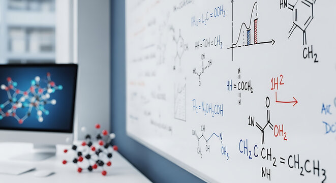 A whiteboard filled with chemical formulas and diagrams sits near a computer displaying a molecular model.