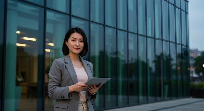 Confident businesswoman using tablet outside modern office building at night successful career corporate professional