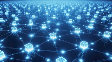 Futuristic digital network with connected nodes, blocks and light effects