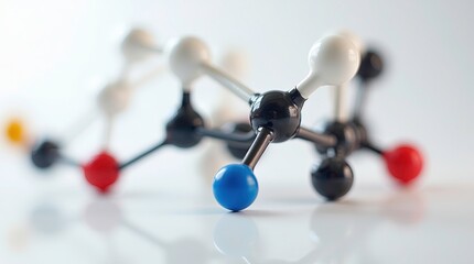 Caffeine (theine) molecule made by molecular model on white background. Coffee and tea chemical formula with colored atoms and bonds