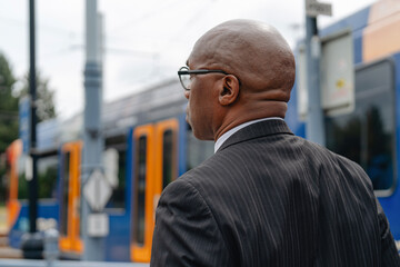 Businessman waits at a train station in a city during a cloudy day with a focus on public...