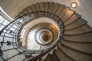 Elegant Spiral Staircase in a Historic Building, Overhead View Showing Intricate Metal Railing and Stone...