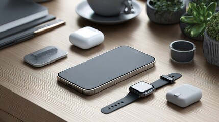 A modern desk setup with a smartphone, smartwatch, wireless earbuds, notebooks, pen, coffee cup, and potted plants on a wooden surface.