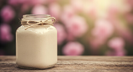 Fresh Dairy Milk in Glass Jar Rustic Wooden Table Natural Light Background Healthy Breakfast Drink