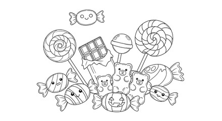 A delightful collection of cute and whimsical halloween candies including lollipops gummy bears chocolate bars and wrapped candies all isolated on transparent background