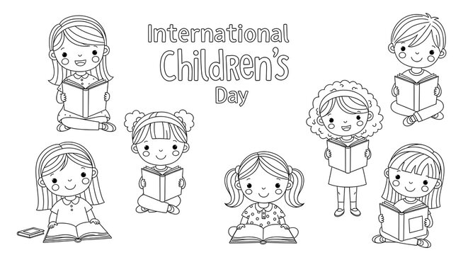 Diverse group of happy children reading books together celebrating international children s day isolated on transparent background