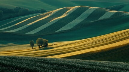 Obraz premium Rolling hills and fields at dawn.