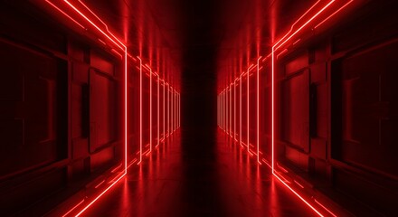Fototapeta premium Red neon, tunnel with glowing light streaks, converging toward black, center futuristic speed lines in perspective illusion, cyberpunk corridor effect for gaming background 