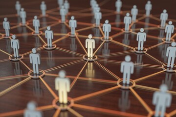 Abstract digital network with glowing human icons connected in web, central orange figure symbolizing influence and connectivity.
