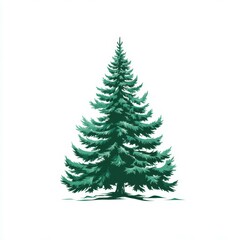Green evergreen tree standing tall on a white background, showcasing its lush branches and symmetrical shape in a minimalist design