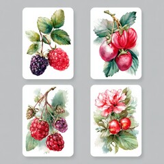 Beautiful watercolor illustrations of berries and flowers displayed on cards in a creative arrangement Generative AI