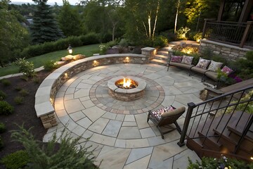 Luxurious Outdoor Patio with Circular Fire Pit and Stonework at Dusk