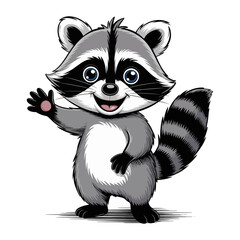 Cartoon Raccoon Character Waving Hello A Friendly and Playful Illustration Featuring a Cute Raccoon Isolated on a White Background