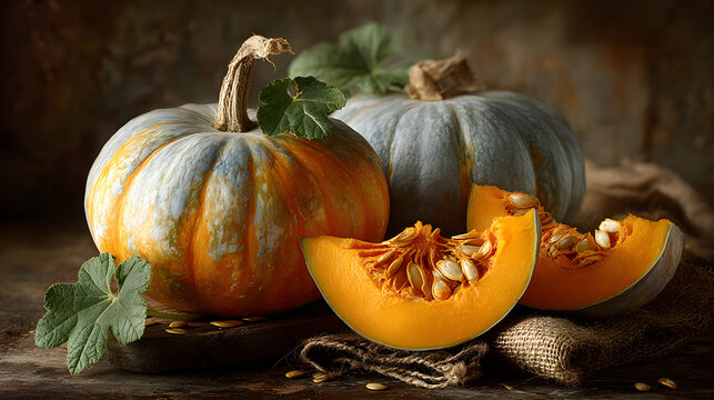 Set of fresh whole and sliced pumpkin