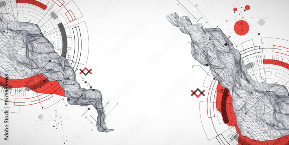 Poster Abstract data background with wireframe wave and circuit lines. Technology concept. Vector