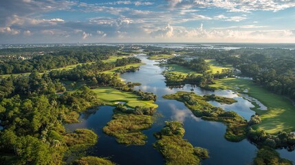 Obraz premium Aerial view of a lush, green Florida golf course with water features, surrounded by dense trees and a partly cloudy sky.