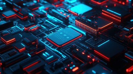 Close-up view of a complex circuit board with glowing components.