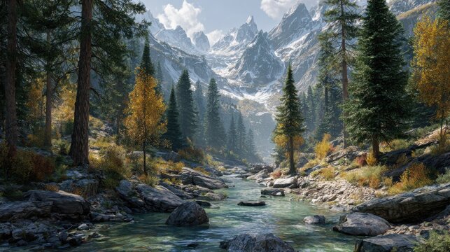 A stunning mountain landscape with a flowing river amidst dense forest. The towering mountains and lush greenery create a captivating scene - Powered by Adobe