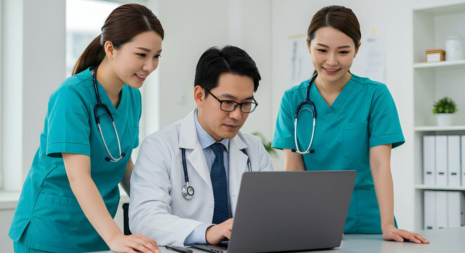 Doctor and nurses collaborating on laptop healthcare teamwork medical professionals hospital clinic teamwork medical technology digital health