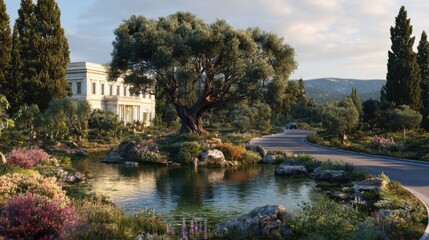 Obraz premium A picturesque villa nestled amidst a lush Mediterranean landscape, featuring a tranquil pond and majestic olive tree. The scene exudes serenity and elegance.