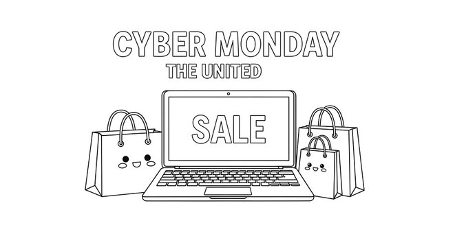 Cute cartoon shopping bags and a laptop displaying the word sale for cyber monday promotions and online shopping events isolated on transparent background