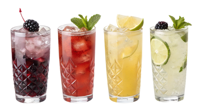 El Diablo, Fog Cutter cocktail PNG set bundle, transparent isolated background. Mixology, bar menu cocktails, colorful vibrant refreshing mixed drink with garnish See Less
