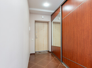 Modern Hallway with Wooden Doors and Bright Lighting in Minimalistic Interior Design