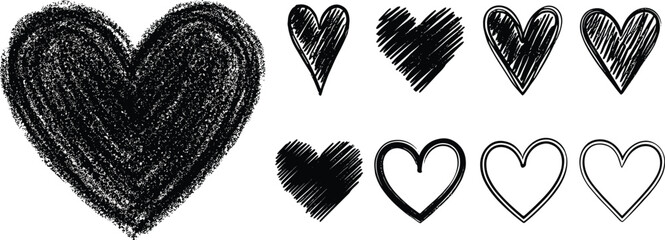 Hand drawn hearts collection. Artistic brush crayon pastel charcoal chalk drawn bold line linear heart shapes. Valentine's day artistic templates set. Rough, textured edge.
