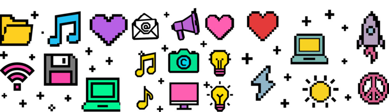 Colorful 8-bit style icons for technology, communication, love, and creativity arranged in playful banner ready for digital projects, web design. Vector illustration