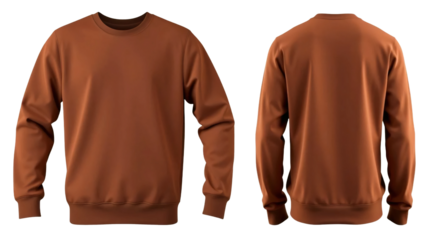 Brown sweatshirt in front and back view, mockup isolated on transparent background