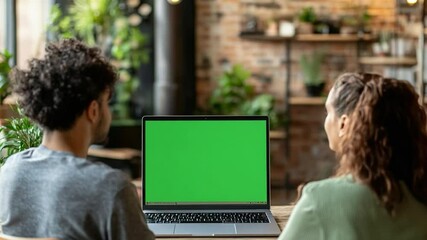 Couple Watching Green Screen Laptop: A young couple sits at a table in a cafe, intently watching a laptop with a vibrant green screen. The background features plants and a rustic brick wall. - Powered by Adobe