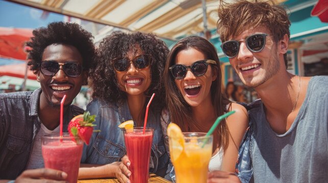 Group of four friends enjoying colorful fruit smoothies on a sunny day, wearing sunglasses and laughing together