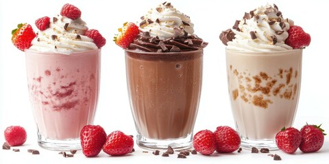 Delicious milkshakes lined up with whipped cream, chocolate shavings, and fresh strawberries on a light background