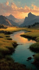 Sunrise illuminates a serene river winding through mountains and grassy fields in a tranquil landscape
