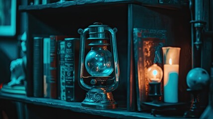Antique kerosene lamp on a dark shelf with books and candles.
