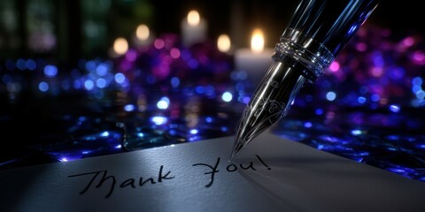 Elegant pen writing thank you note on sparkling surface with candles in the background during evening event
