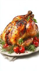 Savory roasted chicken garnished with herbs and cherry tomatoes on a white platter for a delicious meal