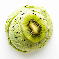 Green ice cream scoop with a creamy texture and visible seeds, decorated with a kiwi slice on top.