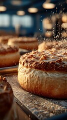 Freshly baked pastries cooling on racks in a warm bakery during golden hour light