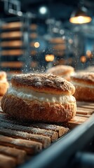 Freshly baked pastry with cream filling displayed in a cozy bakery during evening hours with warm lighting