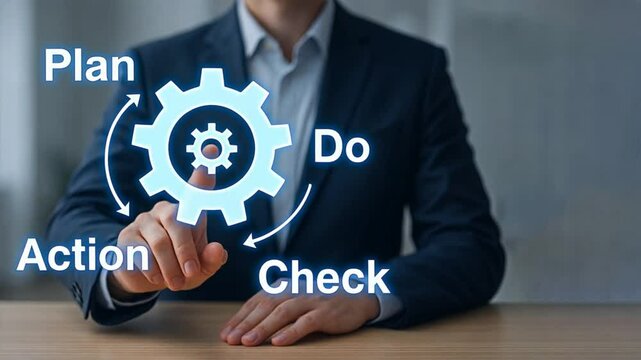 Businessman pointing on a glowing cycle words plan do check action with gears, symbolizing improvement and production planning and control focus