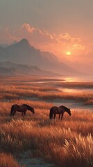 Sunset over mountains with horses grazing in golden grasslands near a river