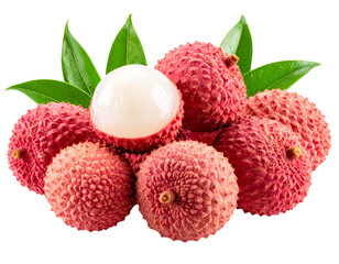  Fresh Whole Lychee with Green Leaves and Natural Shadow &ndash; Transparent PNG