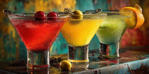 Colorful cocktails arranged artistically in glassware with vibrant hues on a textured background