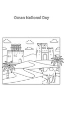 Oman national day coloring page featuring a camel palm trees desert landscape and traditional forts isolated on transparent background