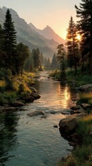 Scenic river flows through a tranquil valley at sunset, surrounded by mountains and evergreen trees